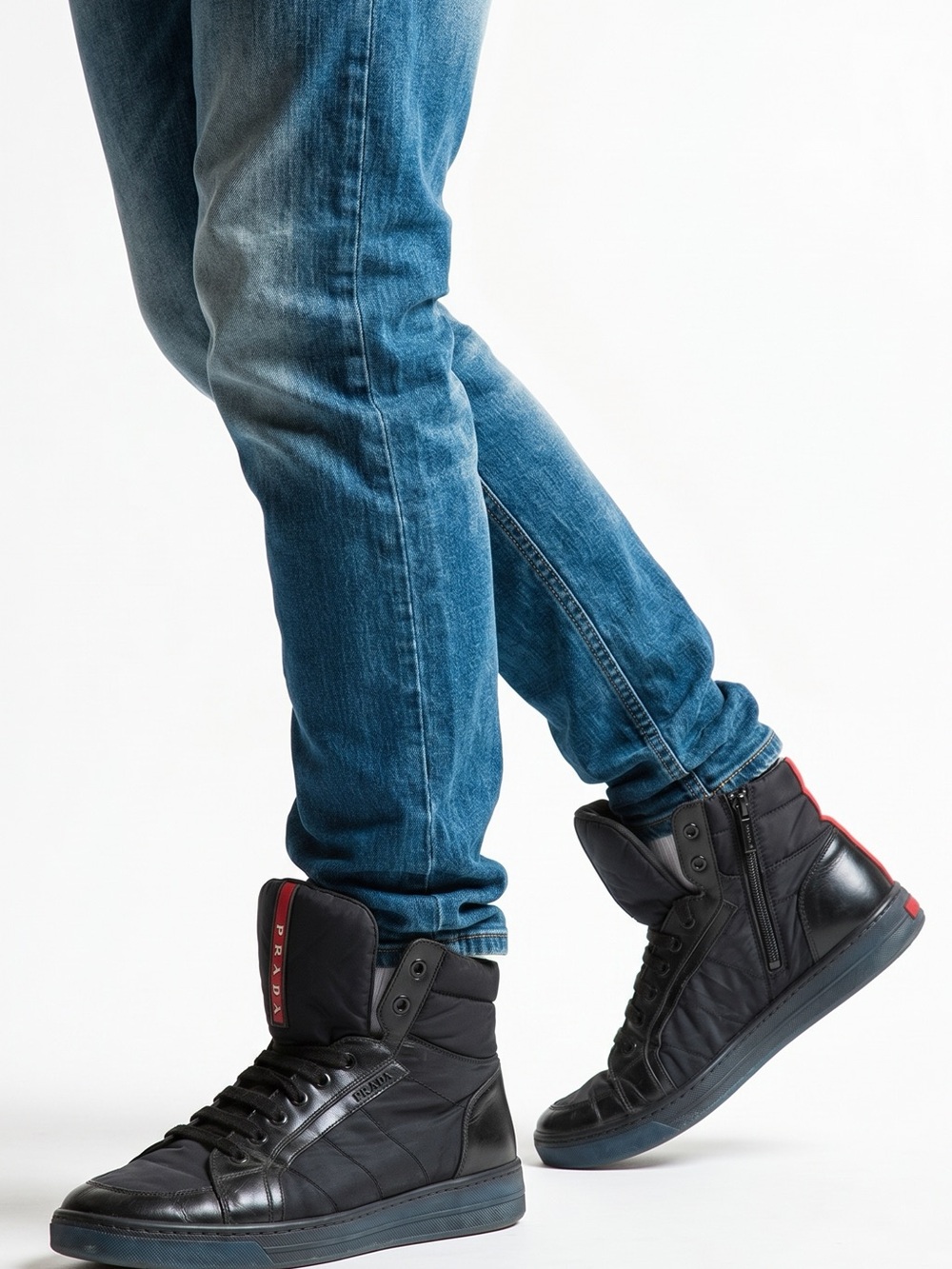PRADA. 
Men's Black High-Top Quilted Sneakers with Red Accent